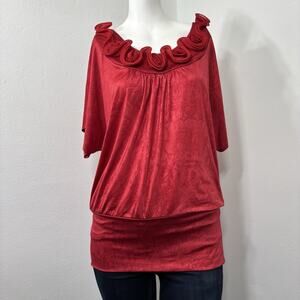 Amywear Red Rosette Top Womens L Romantic Statement Draped Floral Ruffle Y2K